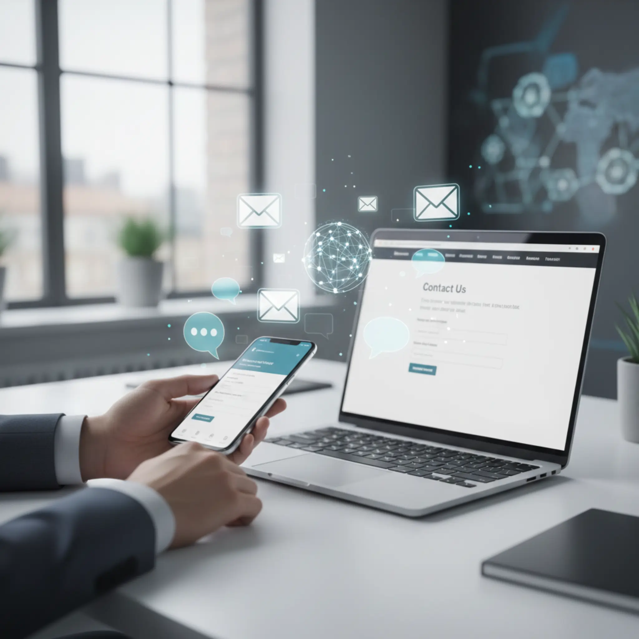 Close-up of hands using a smartphone and laptop on a clean white desk with subtle email and communication icons, representing a modern biotech contact and support concept.