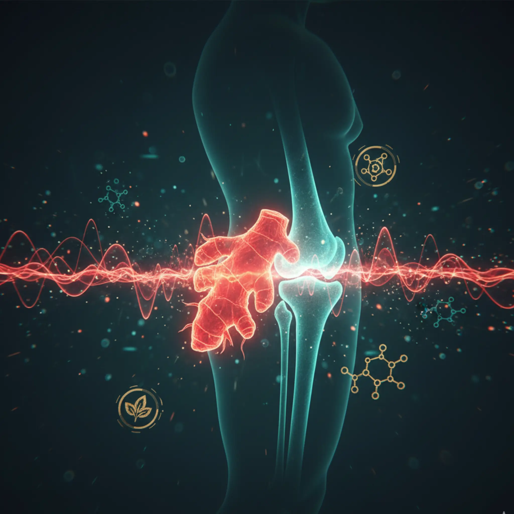 Digital illustration of a human knee joint with ginger extract highlighting natural pain-relief and anti-inflammatory benefits.