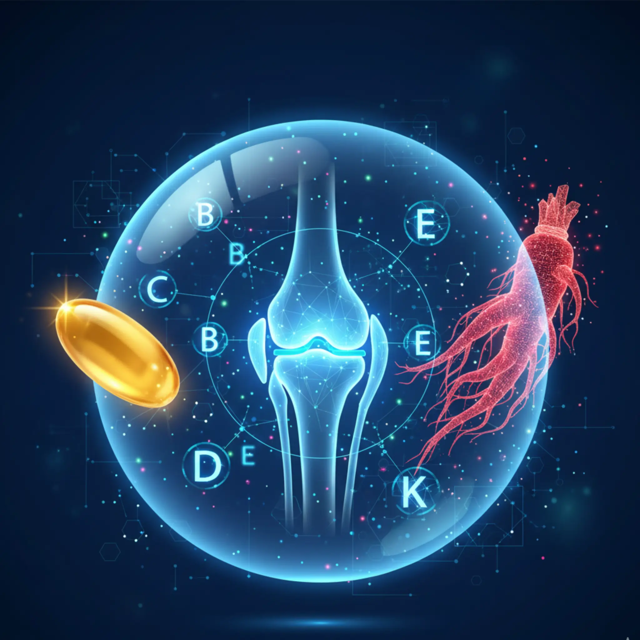 Scientific graphic showing joint health support with vitamins, softgel nutraceuticals, and ginseng extract.