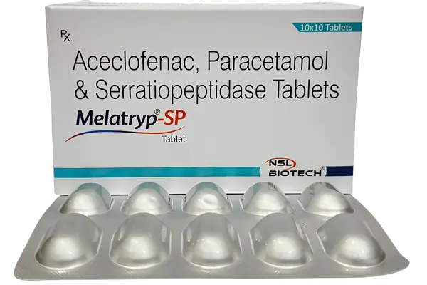 Melatryp-SP Tablets by NSL Biotech containing Aceclofenac, Paracetamol and Serratiopeptidase for pain, inflammation and swelling management